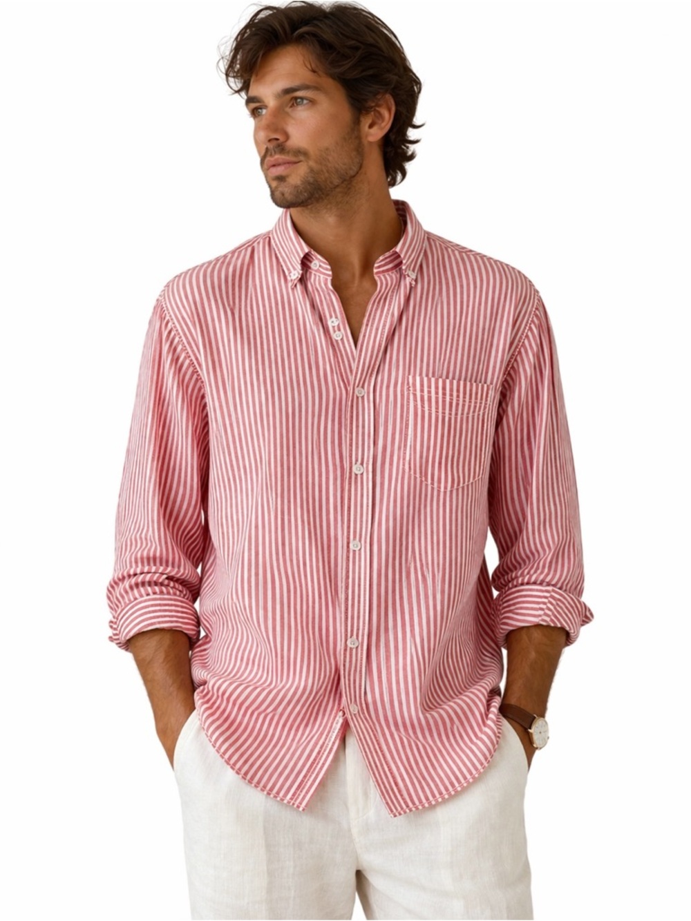 Soul of London Linen Blend Red Stripe Button Down Shirt Men’s L Organic Cotton